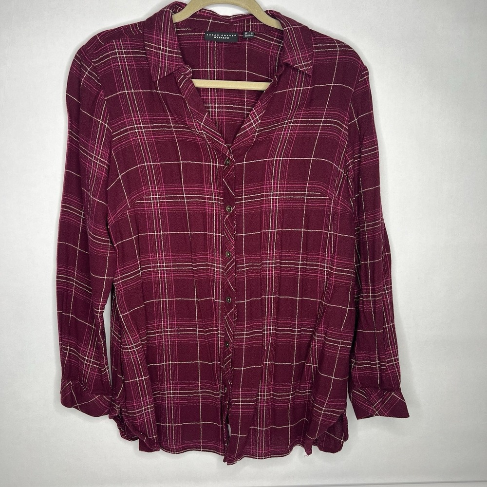 Susan Graver Women's Weekend Burgundy Red & Black Plaid Button Up Shirt M Medium